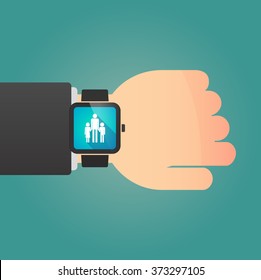 Illustration of a man showing a smart watch with a male single parent family pictogram