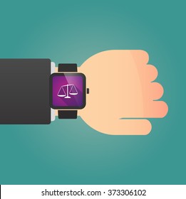 Illustration of a man showing a smart watch with  an unbalanced weight scale