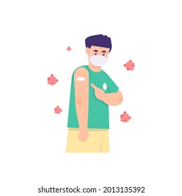 illustration of a man showing or telling that he has been injected with a vaccine. protected from the corona virus. been vaccinated. flat cartoon style. vector design