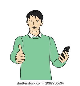 Illustration of a man showing thumb up and holding smartphone with long sleeve green crew neck. Flat design, hand drawn, cartoon character, monoline vector.