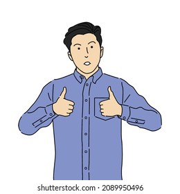 Illustration Of A Man Showing Two Thumbs Up With Long Sleeve Purple Shirt. Flat Design, Hand Drawn, Cartoon Character, Monoline Vector.