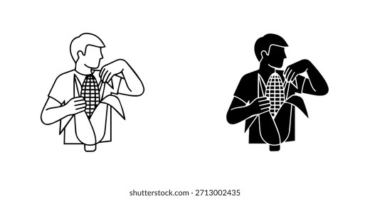Ilustración de un hombre chupando maíz, presentado en ambos estilos de contorno y silueta, aislado en