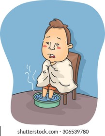 Illustration of a Man Sick with Flu Soaking His Feet in Hot Water