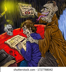 Illustration a man sign the agreement with evil. Hand draws detailed painting illustration.