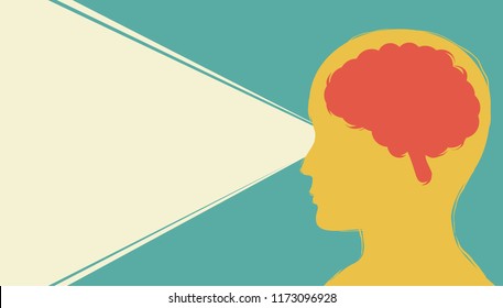 Illustration of a Man Silhouette with Brain and Rays Coming from Eyes. Perception or Perspective Concept
