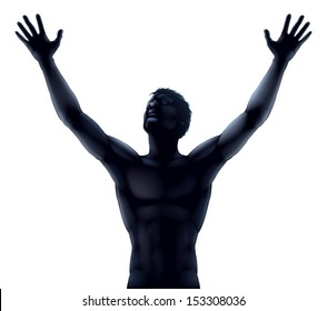 An illustration of a man in silhouette hands and arms raised stretching up to the sky in praise or joy