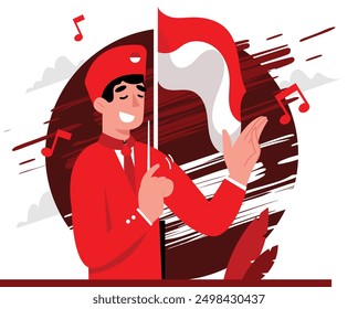 illustration of a man singing an Indonesian song, a strong illustration with a high spirit of nationalism and enthusiasm. concept illustration of Indonesian Independence Day vector