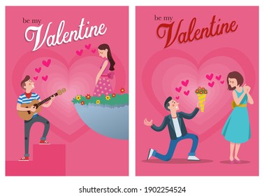 ilustración de un hombre cantando y ofreciendo flores a su pareja en el día de San Valentín