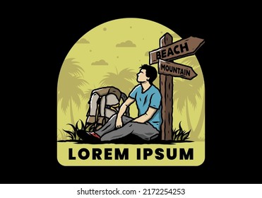 Illustration of a man sit on the ground beside the way sign beach and mountain