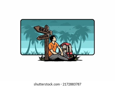 Illustration of a man sit on the ground beside the way sign beach and mountain