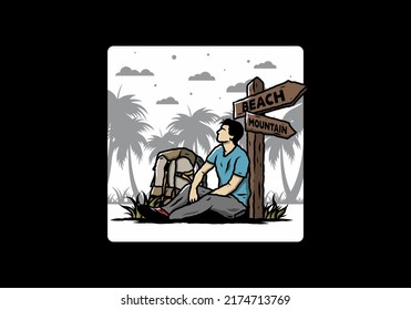 Illustration of a man sit on the ground beside the way sign beach and mountain