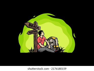 Illustration of a man sit on the ground beside the way sign beach and mountain