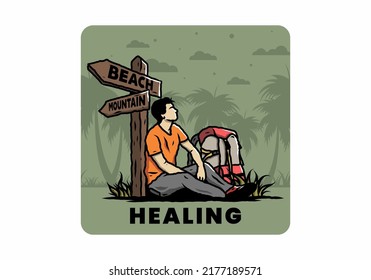 Illustration of a man sit on the ground beside the way sign beach and mountain