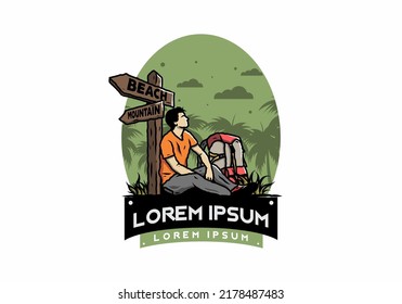 Illustration of a man sit on the ground beside the way sign beach and mountain