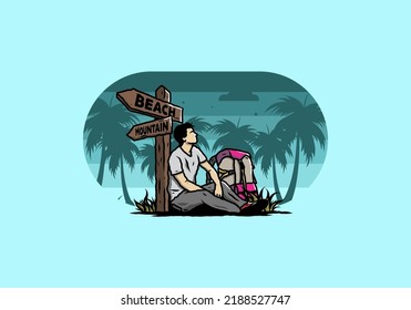 Illustration of a man sit on the ground beside the way sign beach and mountain