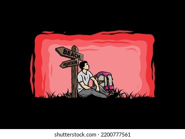 Ilustración de un hombre sentado en el suelo al lado de la playa de señas de la vía y la montaña