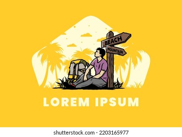 Illustration of a man sit on the ground beside the way sign beach and mountain