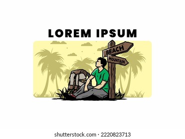 Illustration of a man sit on the ground beside the way sign beach and mountain