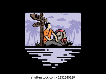 Illustration of a man sit on the ground beside the way sign beach and mountain