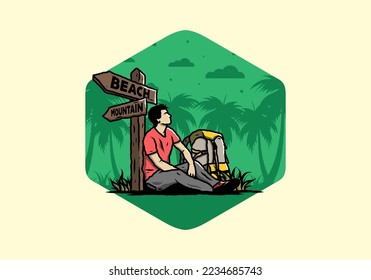 Illustration of a man sit on the ground beside the way sign beach and mountain