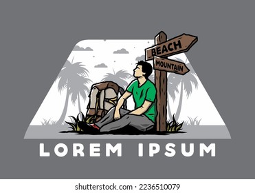 Illustration of a man sit on the ground beside the way sign beach and mountain