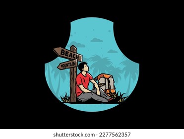 Illustration of a man sit on the ground beside the way sign beach and mountain