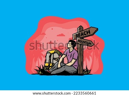 Illustration of a man sit on the ground beside the way sign beach and mountain