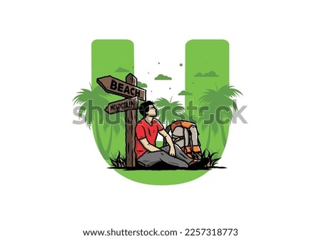 Illustration of a man sit on the ground beside the way sign beach and mountain
