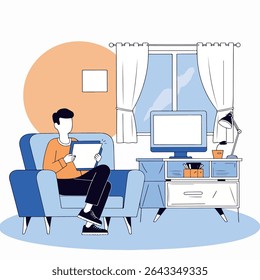 Illustration of a man sitting in an armchair at home, reading on a tablet, with a TV and window in the background. Relaxed indoor scene.
