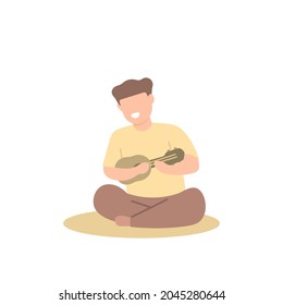 Illustration eines Mannes, der im Schneidersitz sitzt und die Ukulele spielt. Geschäftsleute, Musiker, die Musikinstrumente spielen. flacher Cartoon-Stil. Vektordesign