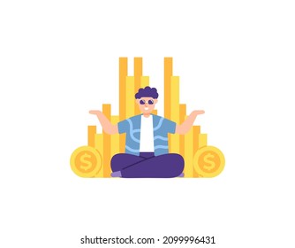 illustration of a man sitting cross-legged and surrounded by piles of coins. rich people, financially prosperous. successful businessman. economic well-being. flat vector design. ui, landing page