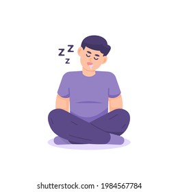 illustration of a man sitting cross-legged while sleeping or dozing off. due to fatigue. drooling. flat cartoon style. vector design