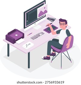 An illustration of a man sitting at a desk with a computer monitor, graphics tablet, keyboard, and printer. He is wearing a white and green shirt, gray pants, and purple shoes, and is seated in a purple chair. The desk is light purple with black legs, and the background is white.