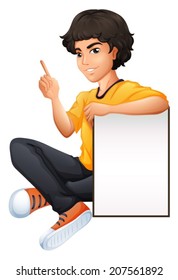 Illustration of a man sitting down with an empty signboard on a white background
