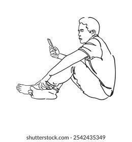 Illustration of man sitting down relaxing holding smartphone line art illustration hand drawn graphic