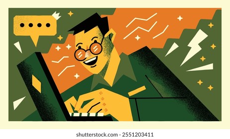 illustration of a man sitting in front of a laptop looking happy.