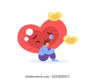 ilustração de um homem sentado sombrio e triste por causa de problemas de amor. problemas românticos. conceito de menino triste. chateado por causa do rompimento. símbolo do coração. design de estilo plano. elementos