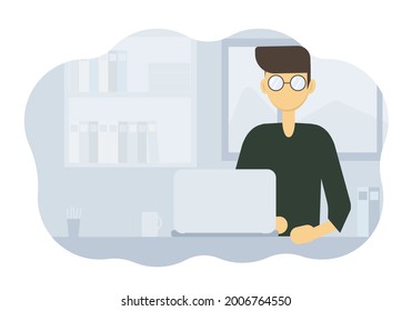 Illustration of a man sitting at his desk with a computer