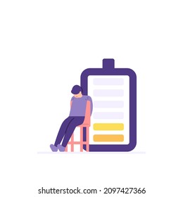 illustration of a man sitting languidly in a chair due to exhaustion, running out of energy. work, employees, staff. flat cartoon style. vector design. ui, element, landing page