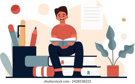 Illustration of a Man Sitting on a Book and Reading a Book