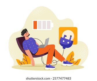 Illustration of a man sitting on a chair with a laptop, appearing exhausted. Low battery symbol and plug visual on a light background. Concept of fatigue. Vector illustration