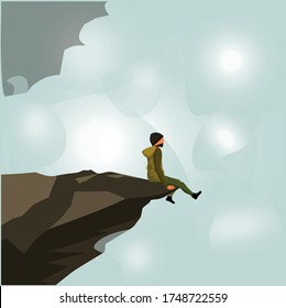 Illustration eines Mannes, der am Rand einer Klippe sitzt und in die vom Himmel verborgene Distanz schaut.
