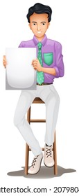 Illustration of a man sitting on a high chair while holding an empty signboard on a white background