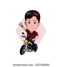 
illustration of a man sitting on a large motorcycle. Wearing a typical touring outfit and his right hand clenched upwards. Vector cartoons that can be used for caricature or mascot templates.