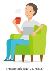 Illustration of a man sitting on a sofa and drinking coffee wearing a short sleeve shirt