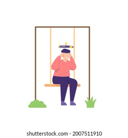 illustration of a man sitting on a swing and having a headache. suffer from migraines, headaches, many thoughts and problems. mental health. flat cartoon style. vector element design