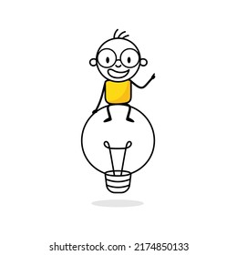 Illustration of a man sitting on top of a big light bulb. Creativity and idea concept. Hand drawn doodle stickman isolated on white background. Vector stock illustration.