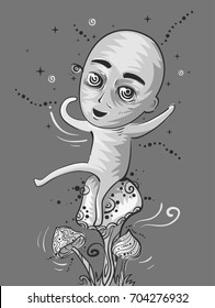 Illustration of a Man Sitting on Top of a Magic Mushroom Hallucinating