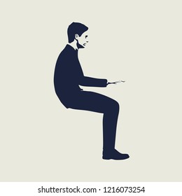 An illustration of man in sitting pose. Man working on laptop. Web icon with for application