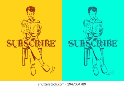 Illustration of man sitting and reading a magazine. The word SUBSCRIBE is written in old style letters. Two postures can be altered into gif animation.